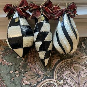 Makenzie Child Festive Black and White Checkered Ornaments with Red Bows